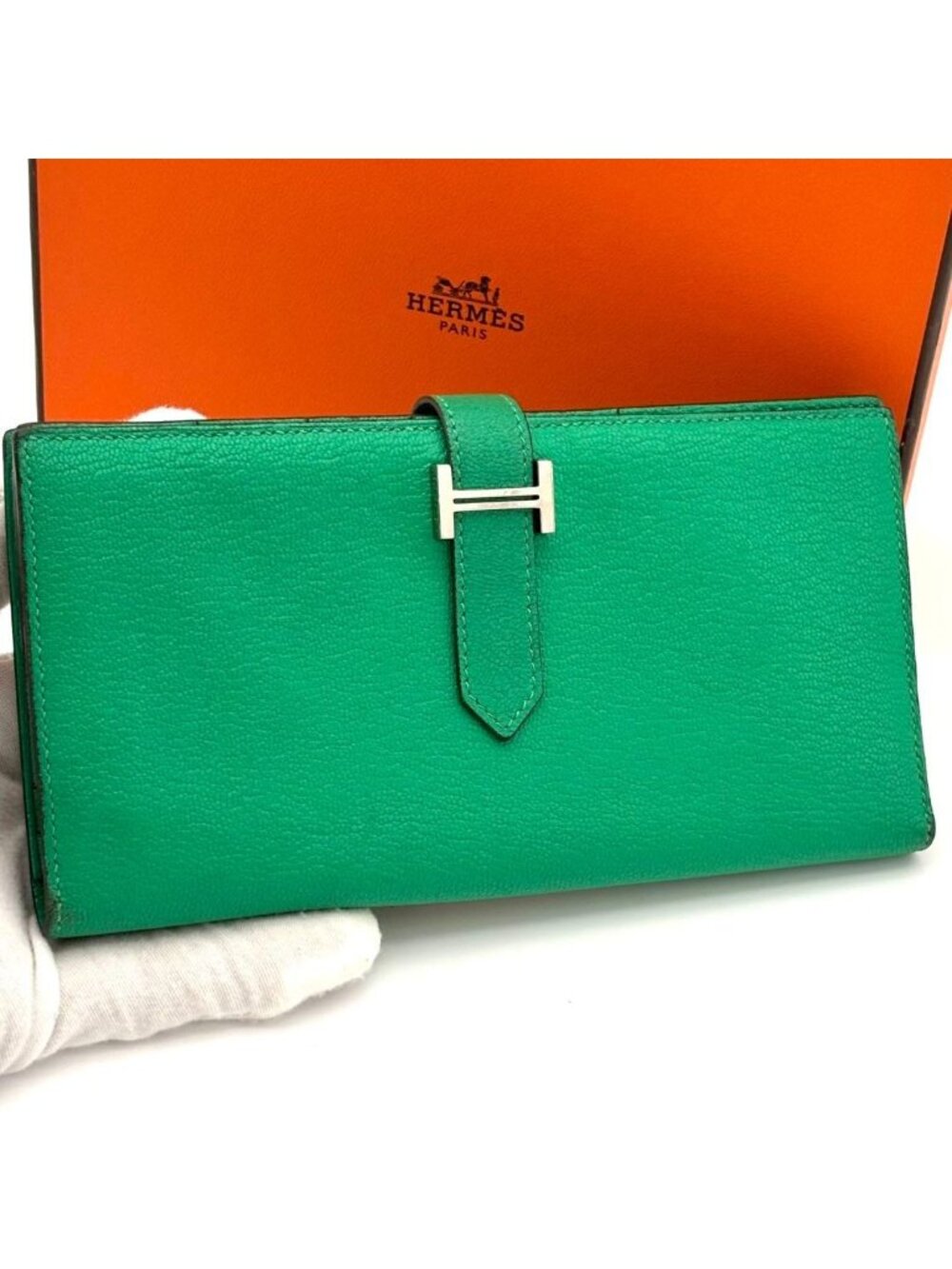 Hermes Wallet Bearn Soufflet Chevre Mysore Green Leather